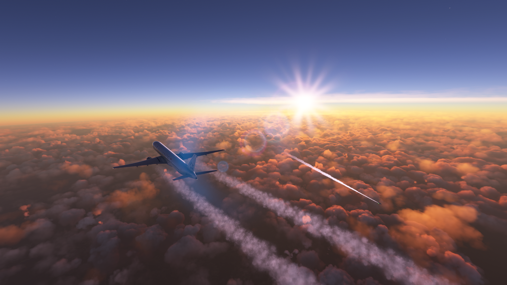 这大概就是模拟飞行最浪漫的时刻，夕阳西下，40000英尺和飞友擦肩而过